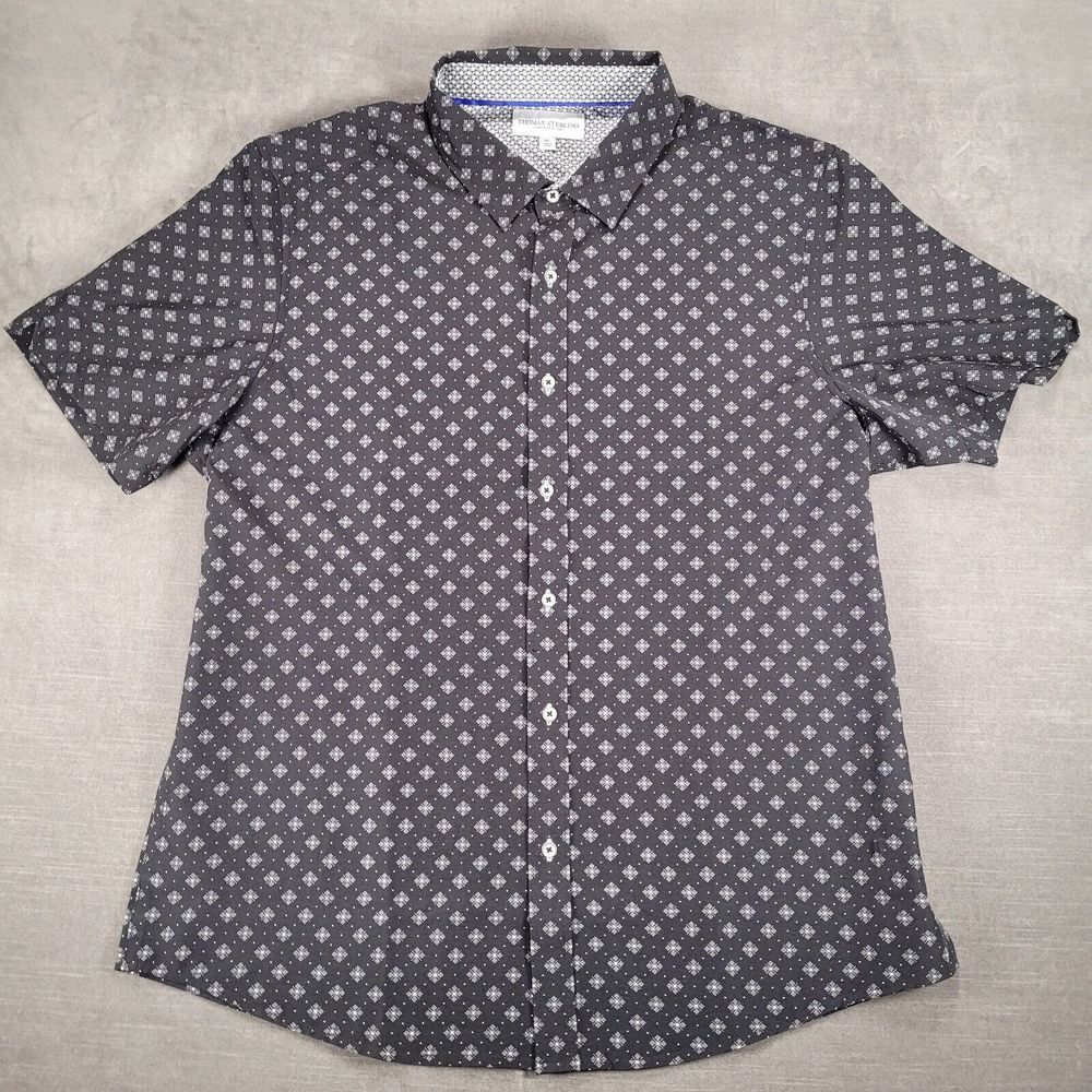 Thomas Sterling Preppy Long Sleeve Button Up Black Geometric Shirt XL‎